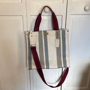 Striped Canvas Tote Bag with Burgundy Straps